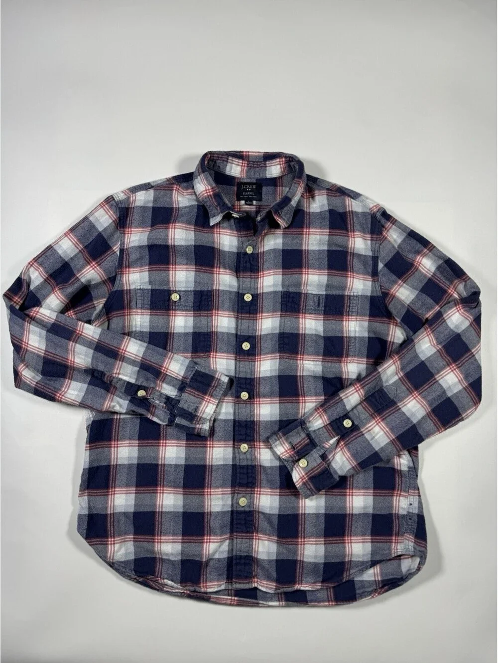 J.Crew Plaid Flannel Shirt Mens L Navy Blue Red Long Sleeve Button Down